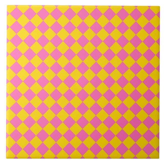 Pink Yellow Diamond Harlequin Chequered Pattern Ceramic Tile (Front)