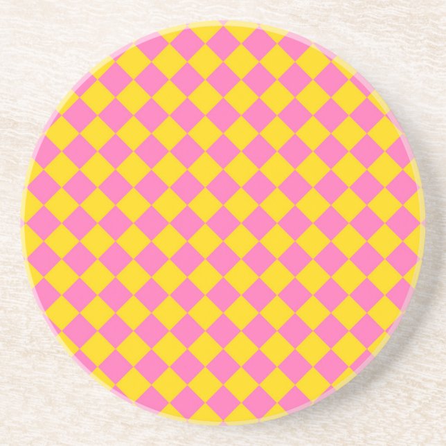 Pink Yellow Diamond Harlequin Chequered Pattern Coaster (Front)