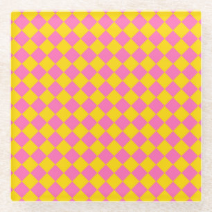 Pink Yellow Diamond Harlequin Chequered Pattern Glass Coaster