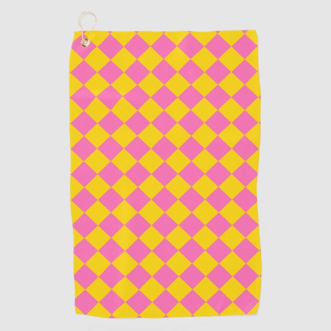 Pink Yellow Diamond Harlequin Chequered Pattern Golf Towel (Front)