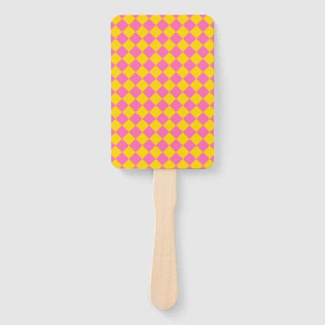 Pink Yellow Diamond Harlequin Chequered Pattern Hand Fan (Front)