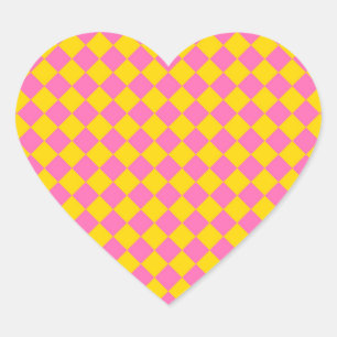 Pink Yellow Diamond Harlequin Chequered Pattern Heart Sticker