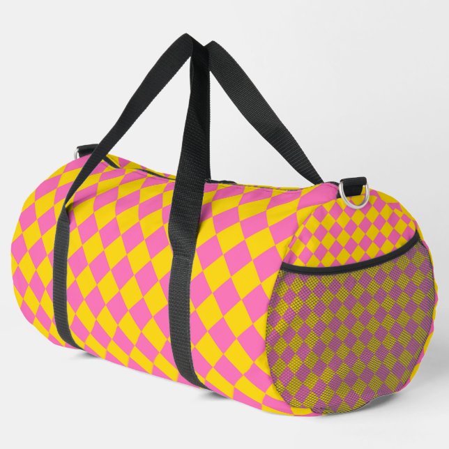 Pink Yellow Diamond Harlequin Chequered Pattern La Duffle Bag (Right Corner)