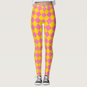 Pink Yellow Diamond Harlequin Chequered Pattern Leggings