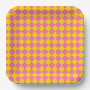 Pink Yellow Diamond Harlequin Chequered Pattern Paper Plate
