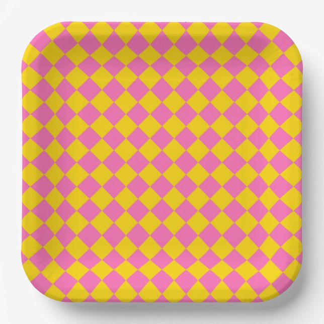 Pink Yellow Diamond Harlequin Chequered Pattern Paper Plate (Front)