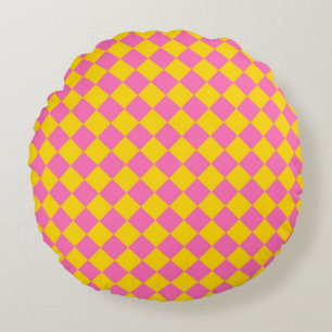 Pink Yellow Diamond Harlequin Chequered Pattern Round Cushion