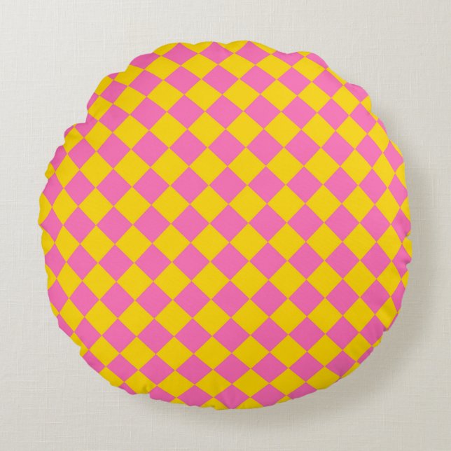 Pink Yellow Diamond Harlequin Chequered Pattern Round Cushion (Front)