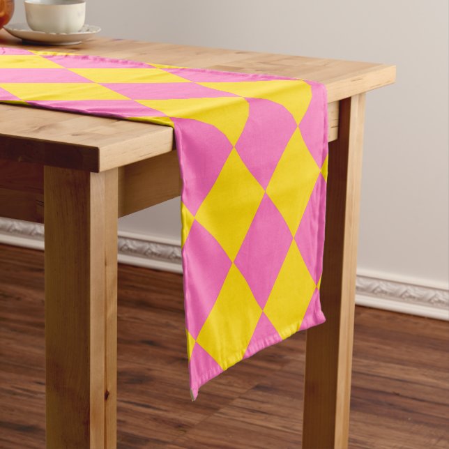 Pink Yellow Diamond Harlequin Chequered Pattern Short Table Runner (In Situ)