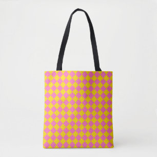 Pink Yellow Diamond Harlequin Chequered Pattern Tote Bag