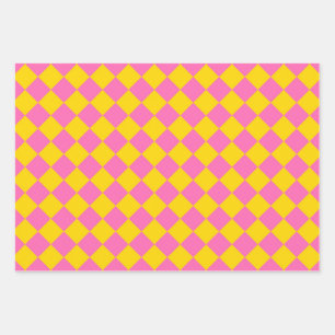 Pink Yellow Diamond Harlequin Chequered Pattern Wrapping Paper Sheet
