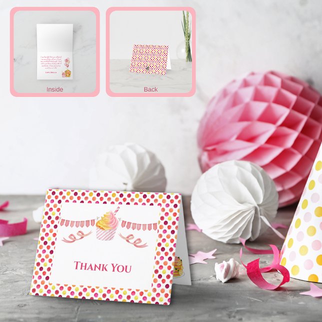 Pink Yellow Dot Cake Cupcake Thank You (Pink Yellow Birthday Party Thank You Card)