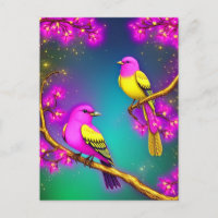 Pink Yellow Fantasy Bird Postcard