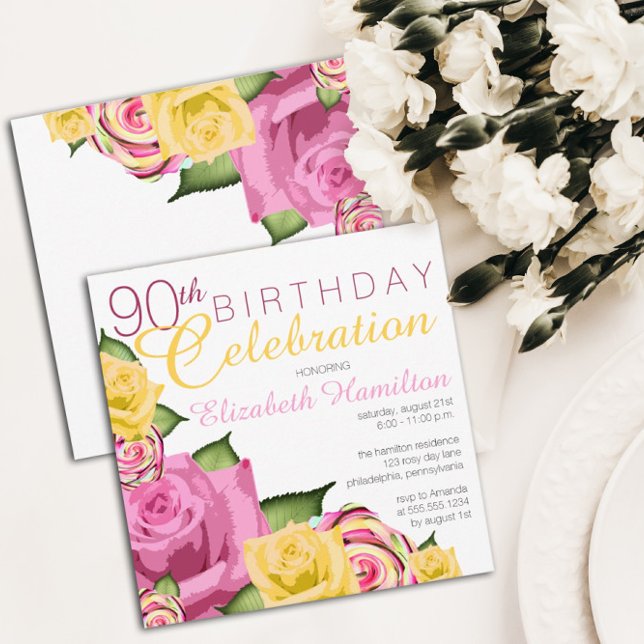 Pink | Yellow Floral 90th Birthday Celebration Invitation (Creator Uploaded)