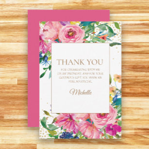 Pink Yellow Floral Birthday Thank You Card