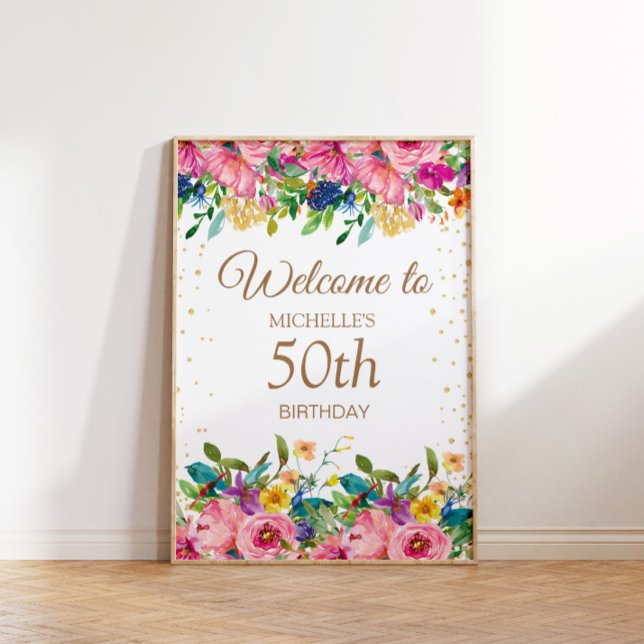 Pink Yellow Floral Glitter 50th Birthday Welcome Poster (Pink, blue, and yellow 50th birthday party "Welcome" poster)