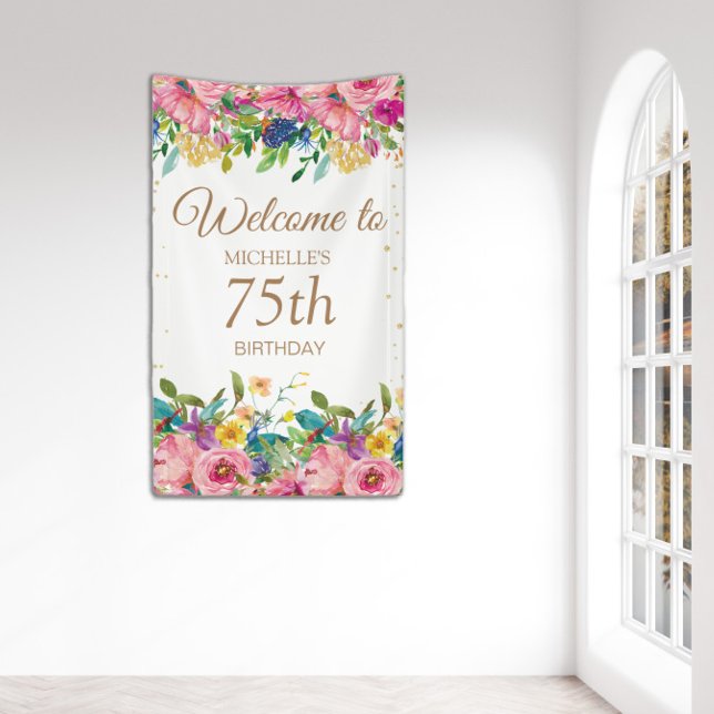 Pink Yellow Floral Glitter 75th Birthday Welcome Banner (Vertical 75th birthday "Welcome" banner.)