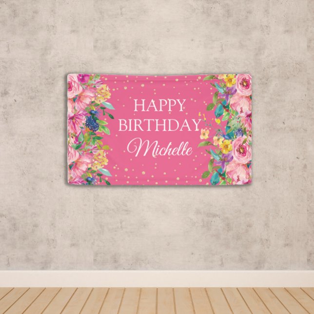 Pink Yellow Floral Glitter Happy Birthday Banner (Pink and yellow floral with gold glitter "Happy birthday" banner personalized with a name.)