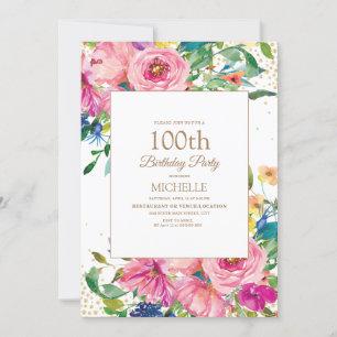 Pink Yellow Floral Gold Glitter 100th Birthday Invitation