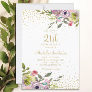 Pink Yellow Floral Gold Glitter 21st Birthday Invitation