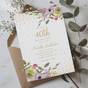 Pink Yellow Floral Gold Glitter 40th Birthday Invitation