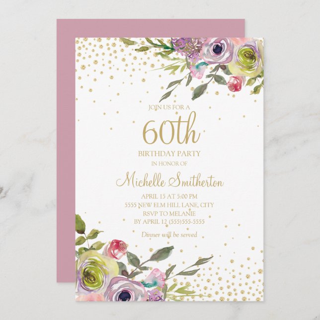 Pink Yellow Floral Gold Glitter 60th Birthday Invitation (Front/Back)