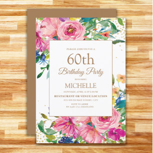 Pink Yellow Floral Gold Glitter 60th Birthday Invitation