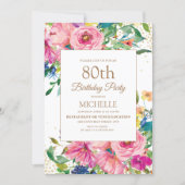 Pink Yellow Floral Gold Glitter 80th Birthday Invitation (Front)