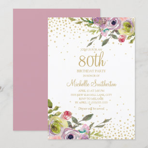 Pink Yellow Floral Gold Glitter 80th Birthday Invitation