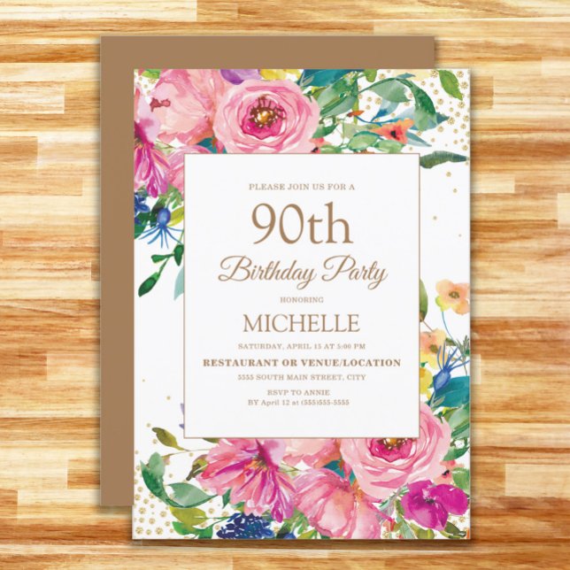 Pink Yellow Floral Gold Glitter 90th Birthday Invitation (Pink, yellow, and blue floral women's 90th birthday party invitation)