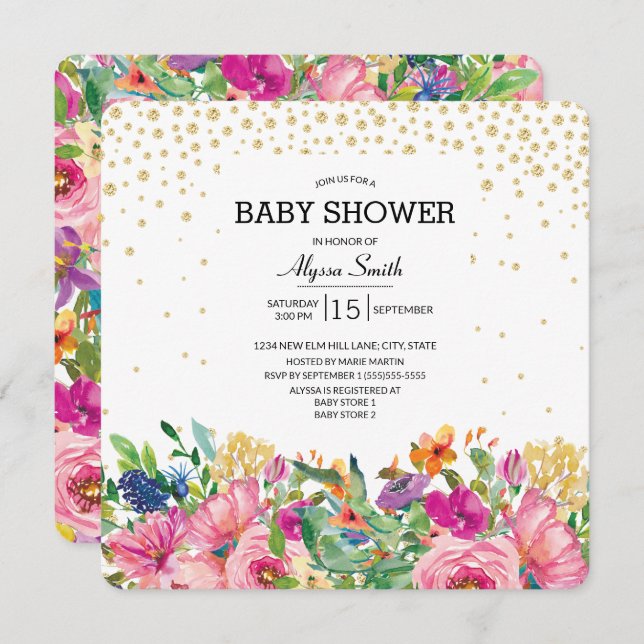 Pink Yellow Floral Gold Glitter Baby Shower Invitation (Front/Back)