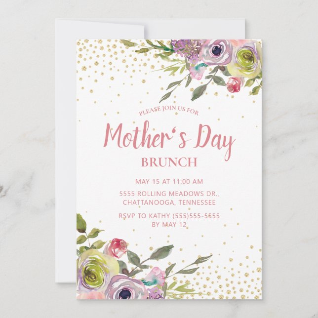 Pink Yellow Floral Gold Glitter Mothers Day Brunch Invitation (Front)
