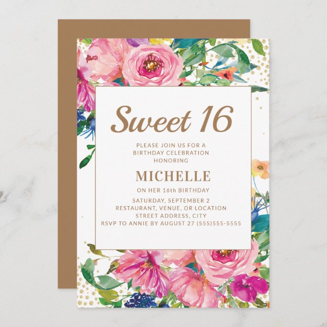 Pink Yellow Floral Gold Glitter Sweet 16 Invitation (Front/Back)