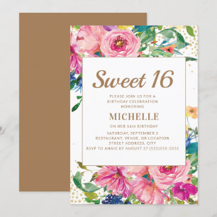 Pink Yellow Floral Gold Glitter Sweet 16 Invitation