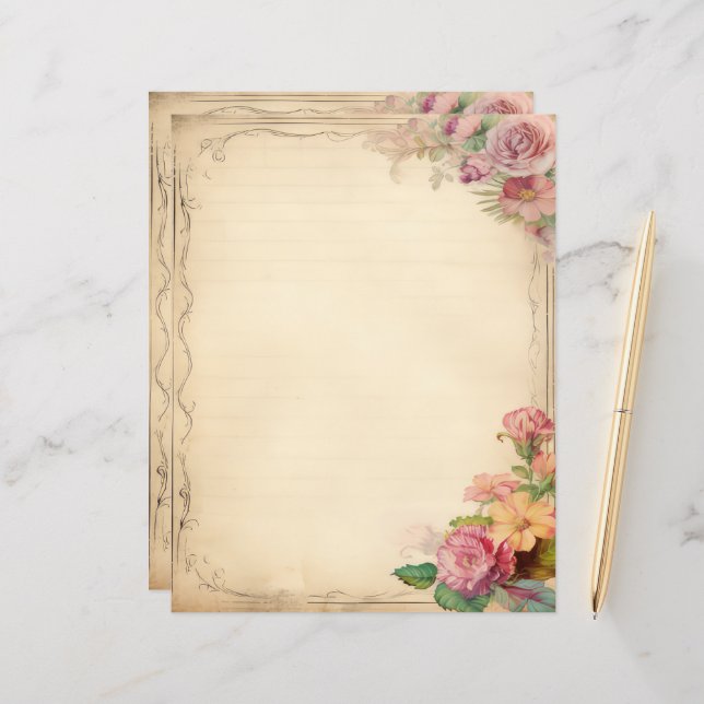 Pink Yellow Floral Junk Journal Antique Stationery (Front/Back In Situ)