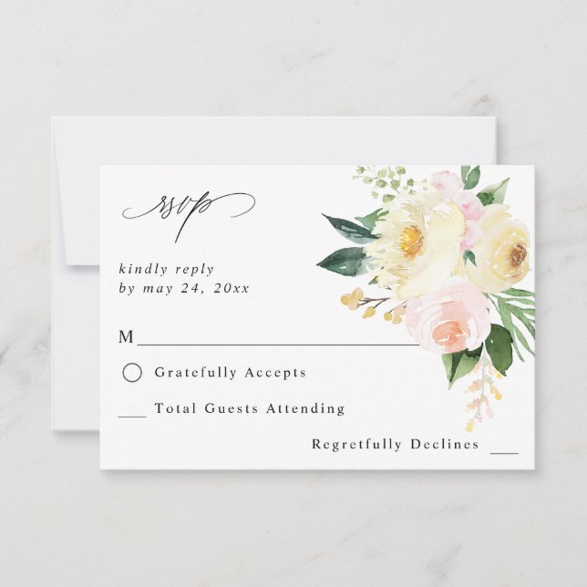 Pink & Yellow Floral no Meal RSVP Card (Front)