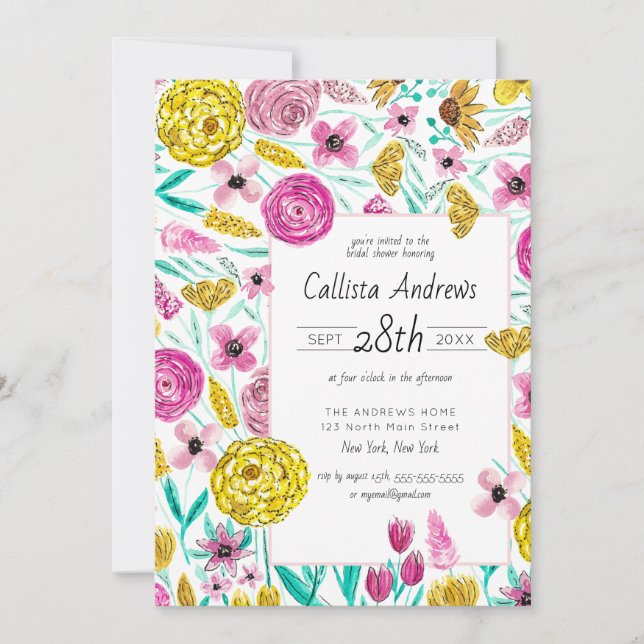 Pink Yellow Floral Watercolor Bridal Shower Invitation (Front)