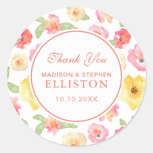 Pink & Yellow Floral Watercolor Thank You Classic Round Sticker
