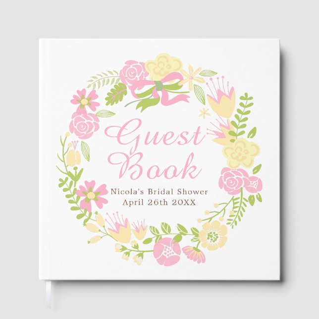 Pink & Yellow Floral Wreath Bridal Shower Guest Book (Front)