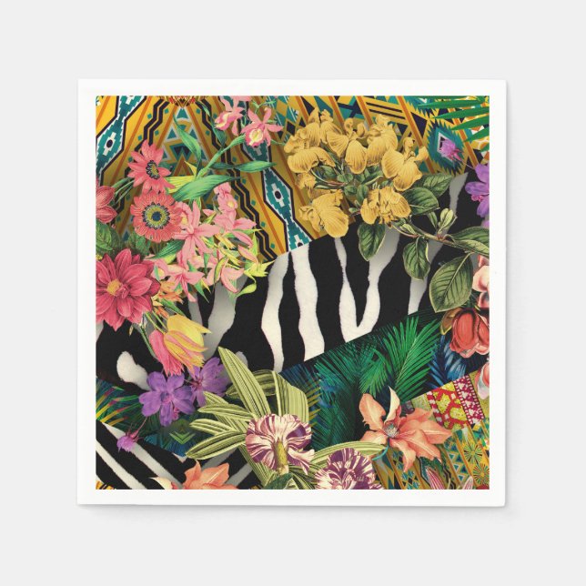 Pink Yellow Floral Zebra Indian Print Pattern Napkin (Front)