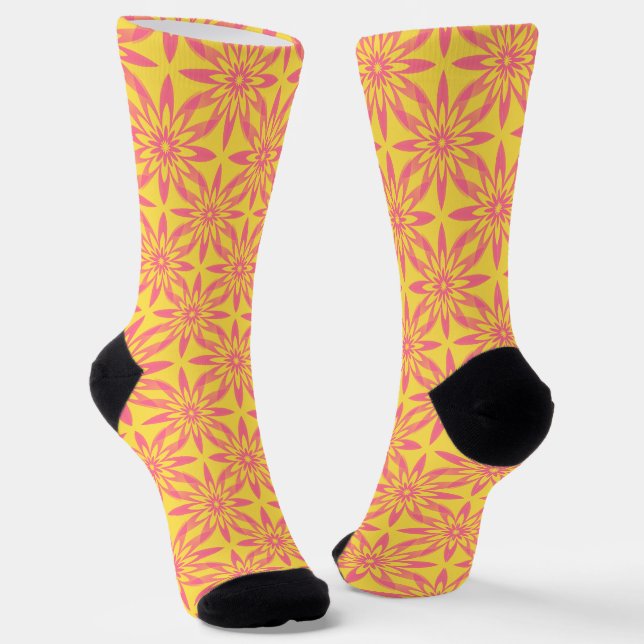 Pink Yellow Flower Seamless Pattern Socks (Angled)
