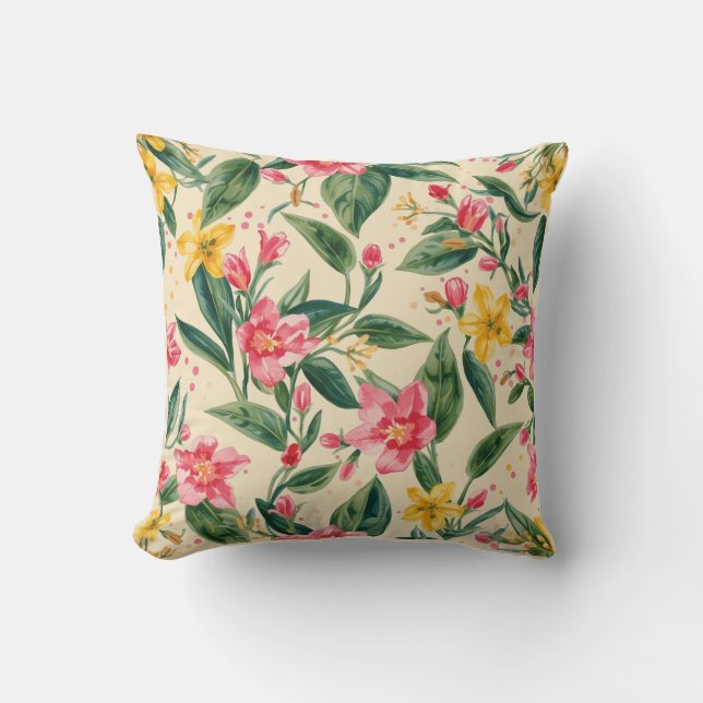 Pink Yellow Flowers, Florals, Blue Stripes Cushion (Front)