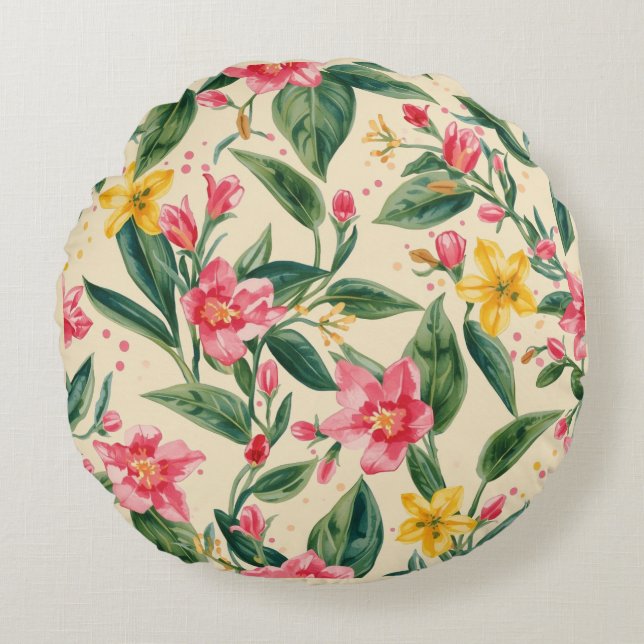 Pink Yellow Flowers, Florals,Yellow Stripes Round Cushion (Front)