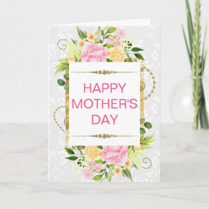 Pink & Yellow Flowers & Gold Mother's Day Card