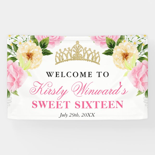 Pink & Yellow Flowers Welcome Sweet Sixteen Banner (Horizontal)