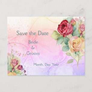 Pink Yellow Garden Roses Flowers Save the Date Announcement Postcard