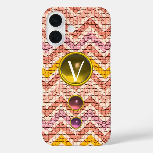 PINK YELLOW GEMSTONES AND MOSAIC CHEVRONS MONOGRAM Case-Mate iPhone CASE (Back)