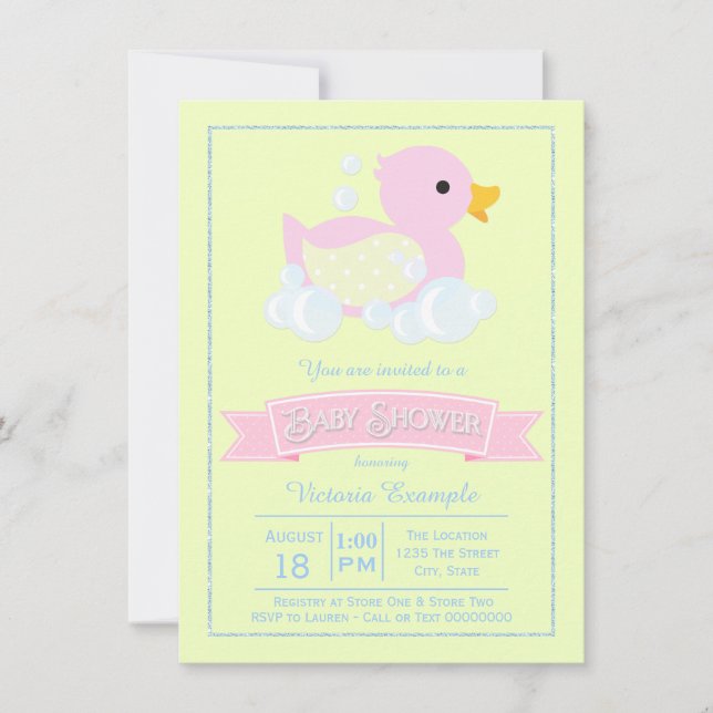 Pink Yellow Girls Pink Rubber Duck Baby Shower Invitation (Front)