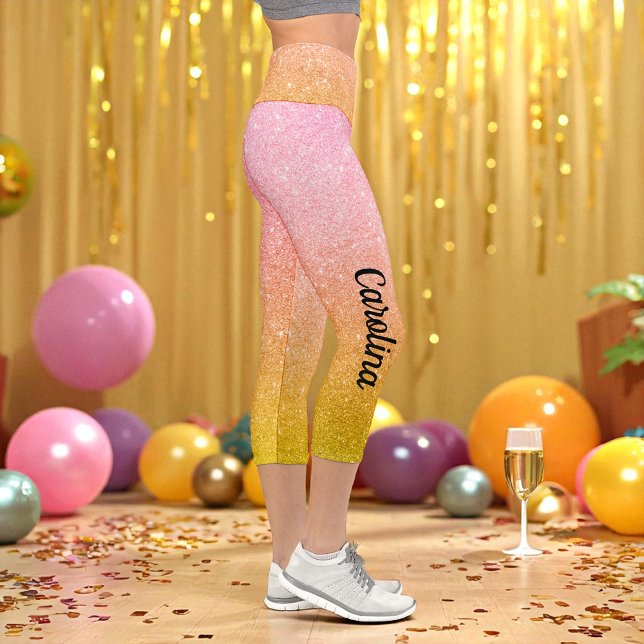 Pink Yellow Gold Glitter Ombre Sparkle Capri Leggings (Creator Uploaded)