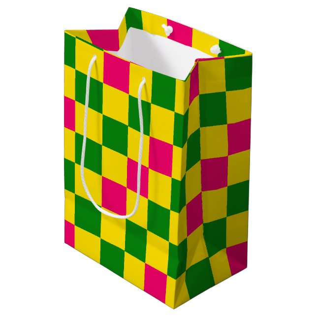 Pink Yellow Green Chequered Pattern Design  Medium Gift Bag (Front Angled)